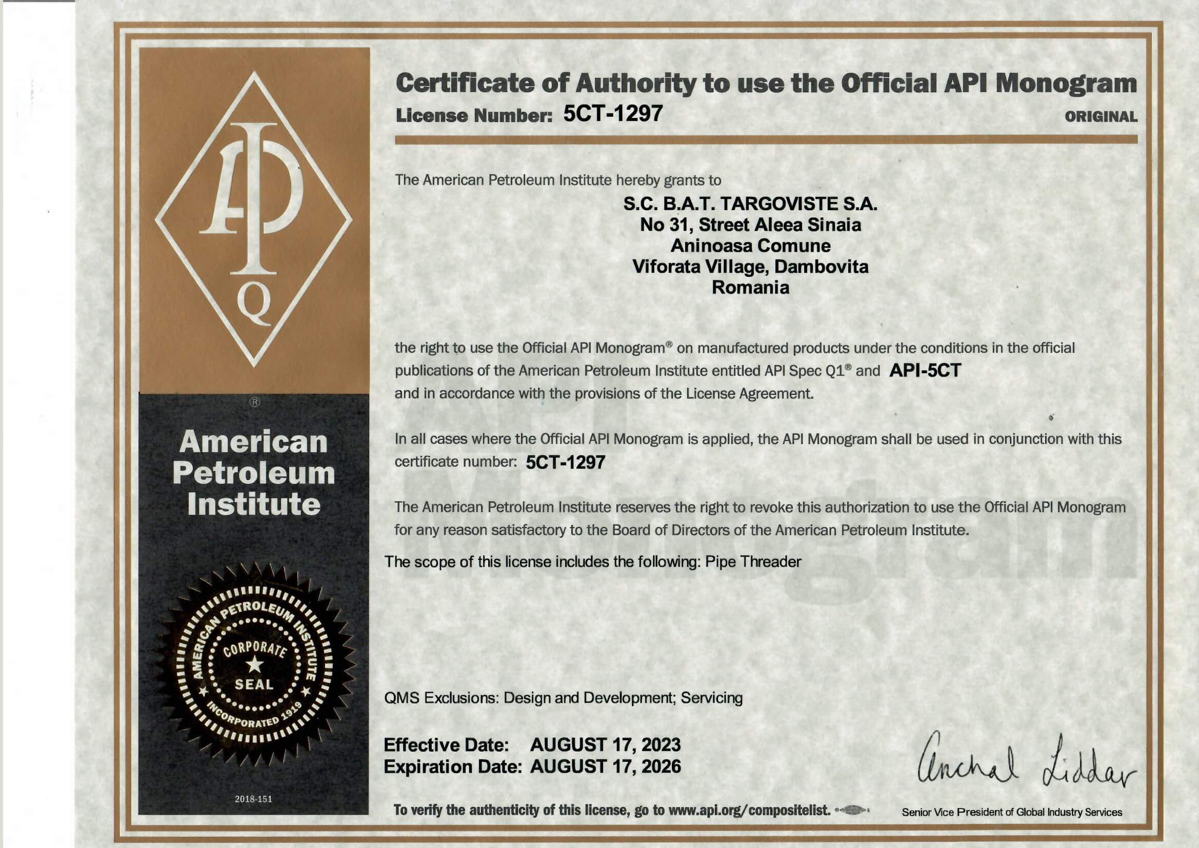 BATT - Certificat American Petroleum Institute API-5CT