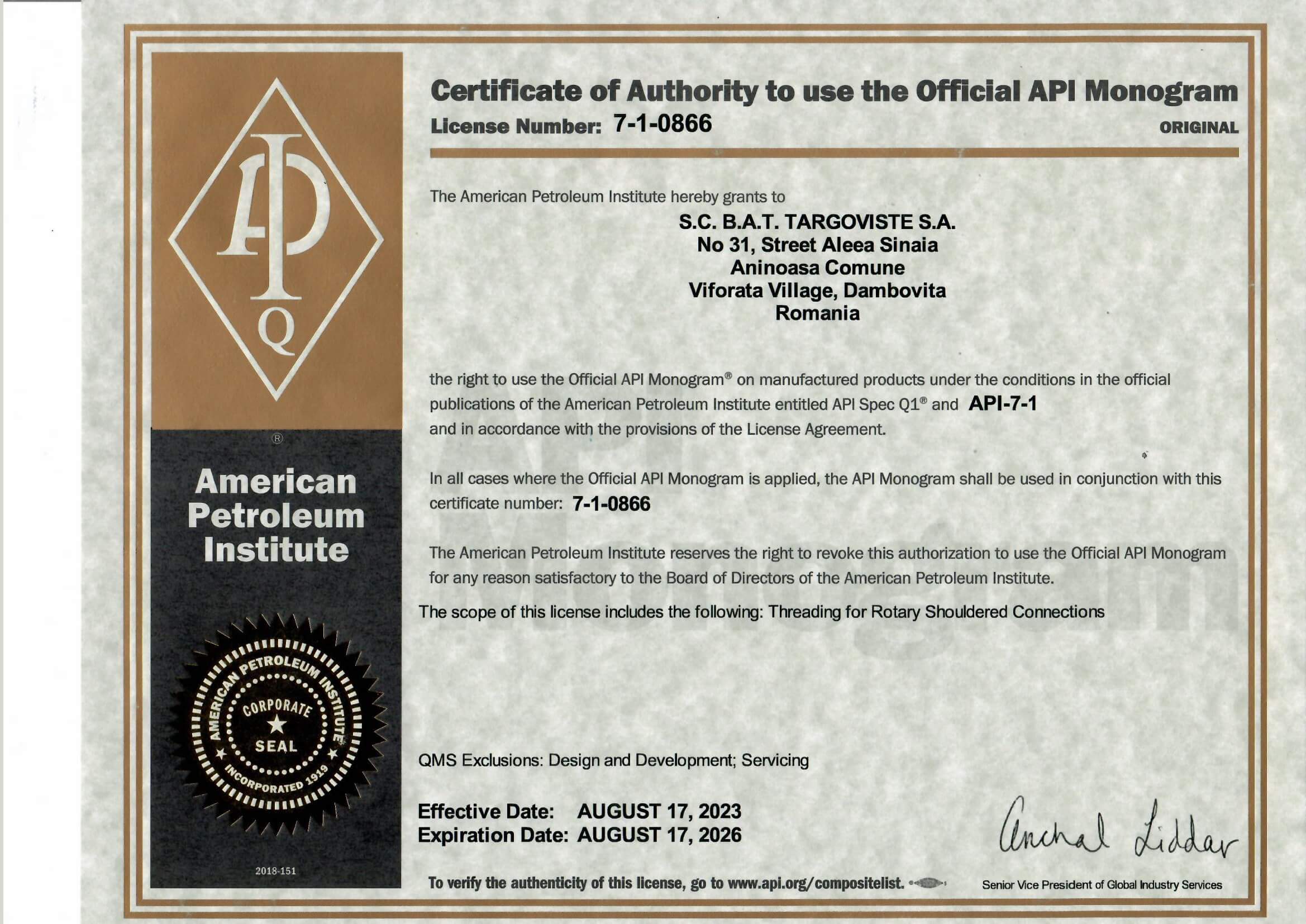 BATT - Certificat American Petroleum Institute API-7-1