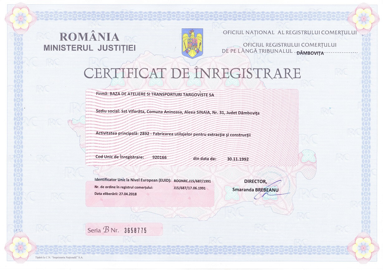 BATT - Certificat de Inregistrare