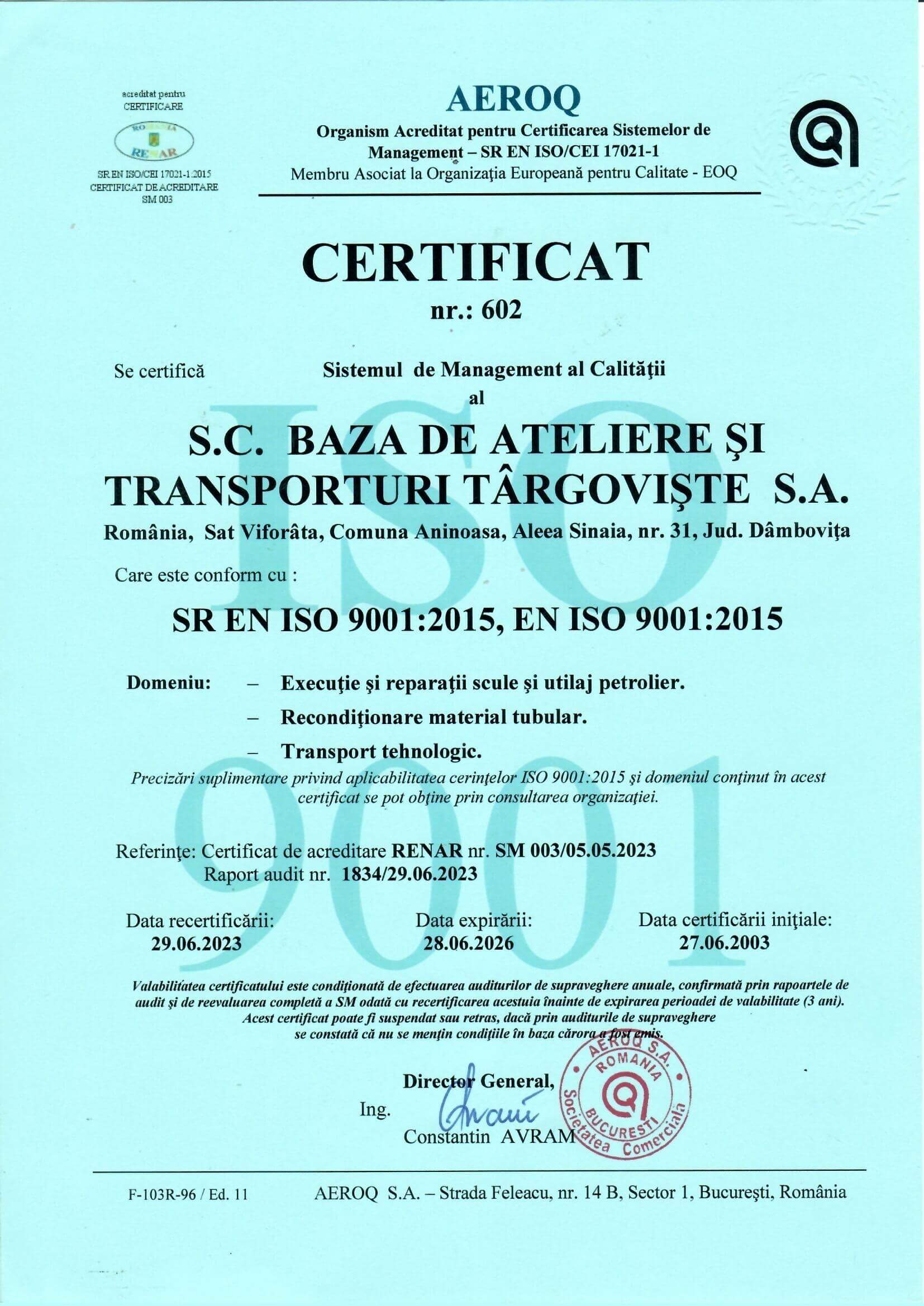 BATT - Certificat Sistem de Management al Calitatii ISO-9001