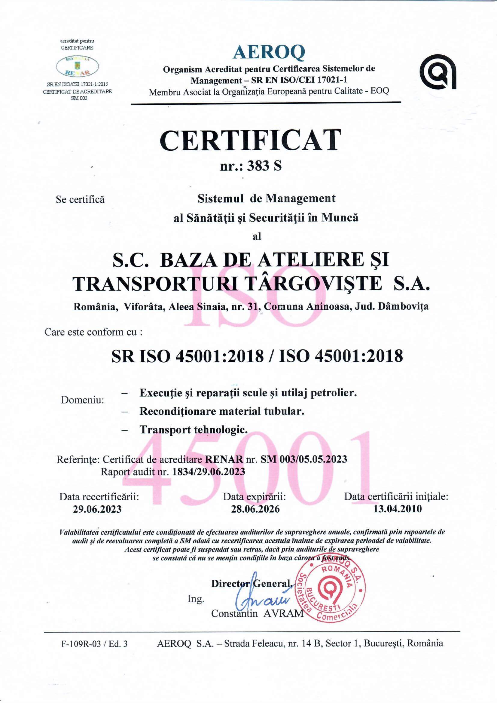 BATT - Certificat Sistem de Management al Sanatatii si Securitatii în Munca ISO-45001