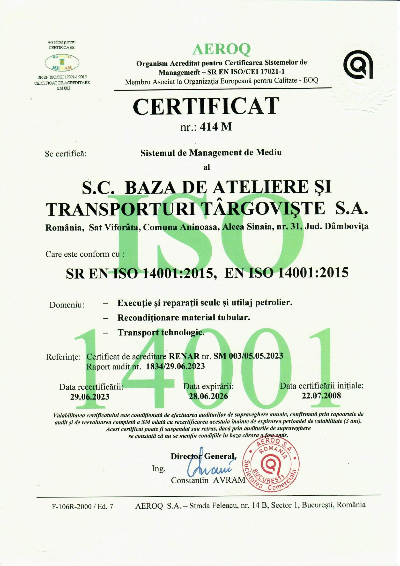 BATT - Certificat Sistem de Management de Mediu ISO-14001